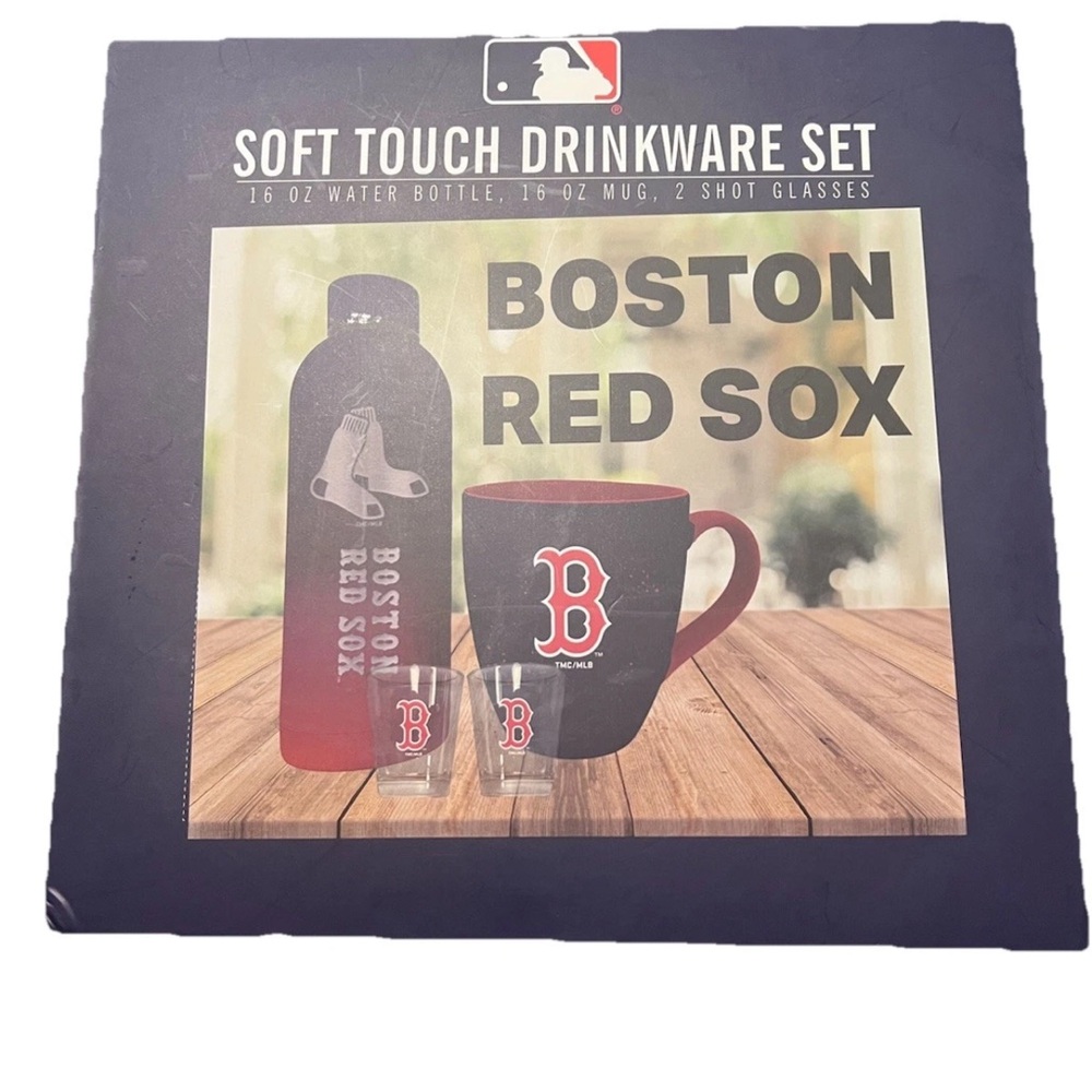 Boston Red Sox Soft Touch Drinkware Set 16oz Bottle Mug 2 Shot Glasses